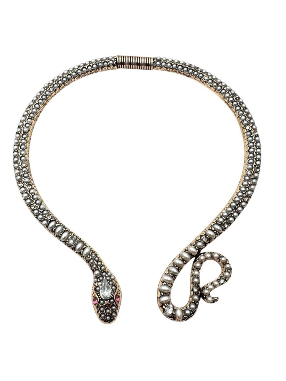 Snake Necklace Faux Pearl Pink Rhinestone Gold Tone Collar Statement